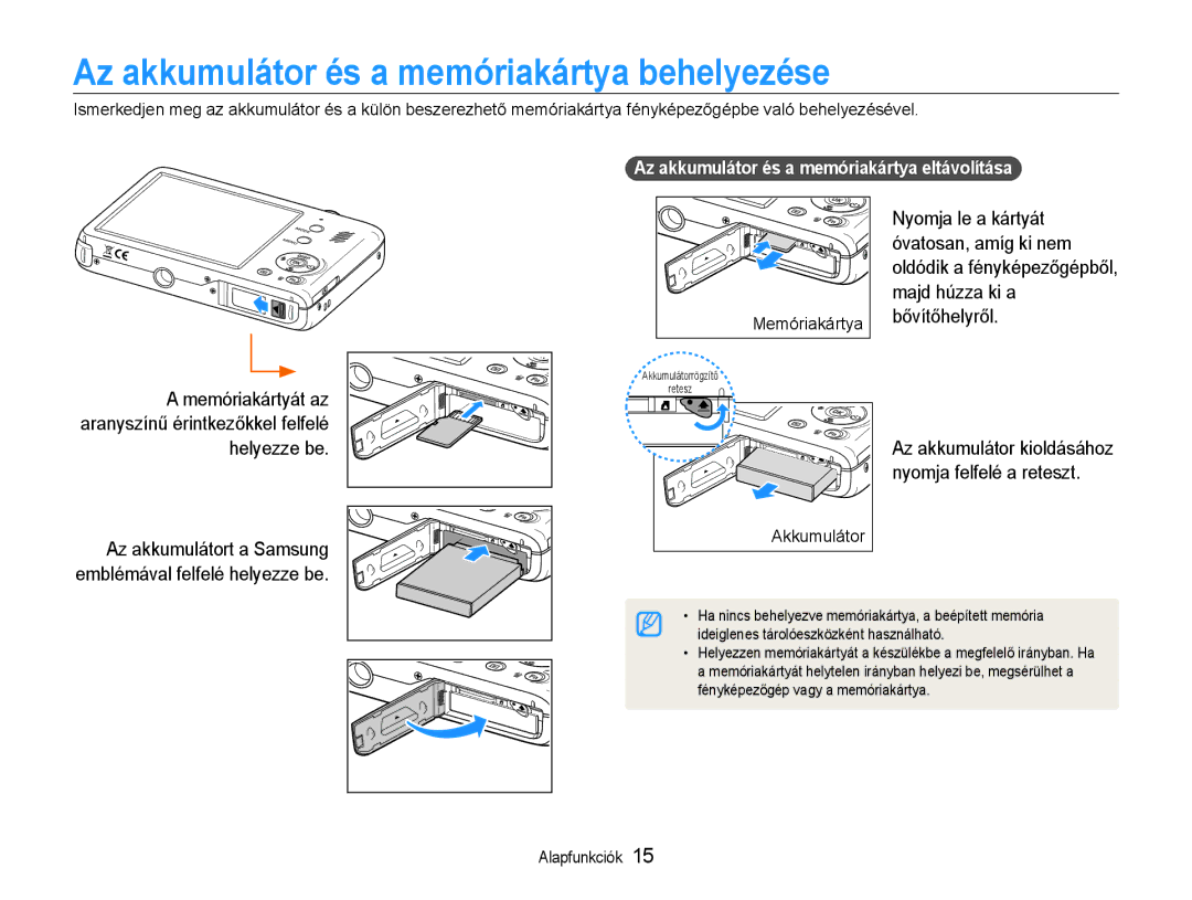 Samsung EC-PL211ZBPBE2 manual Az akkumulátor és a memóriakártya behelyezése, Az akkumulátor és a memóriakártya eltávolítása 