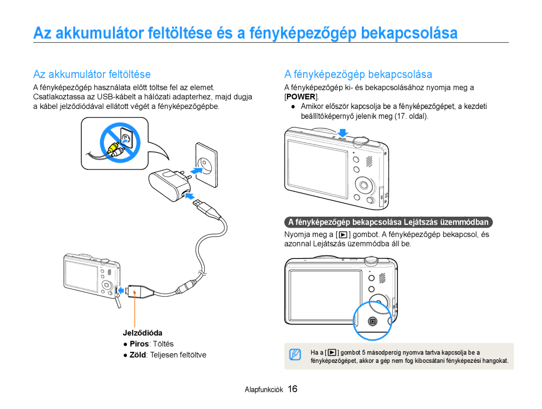 Samsung EC-PL210ZBPBE2 Az akkumulátor feltöltése és a fényképezőgép bekapcsolása, Fényképezőgép bekapcsolása, Jelződióda 