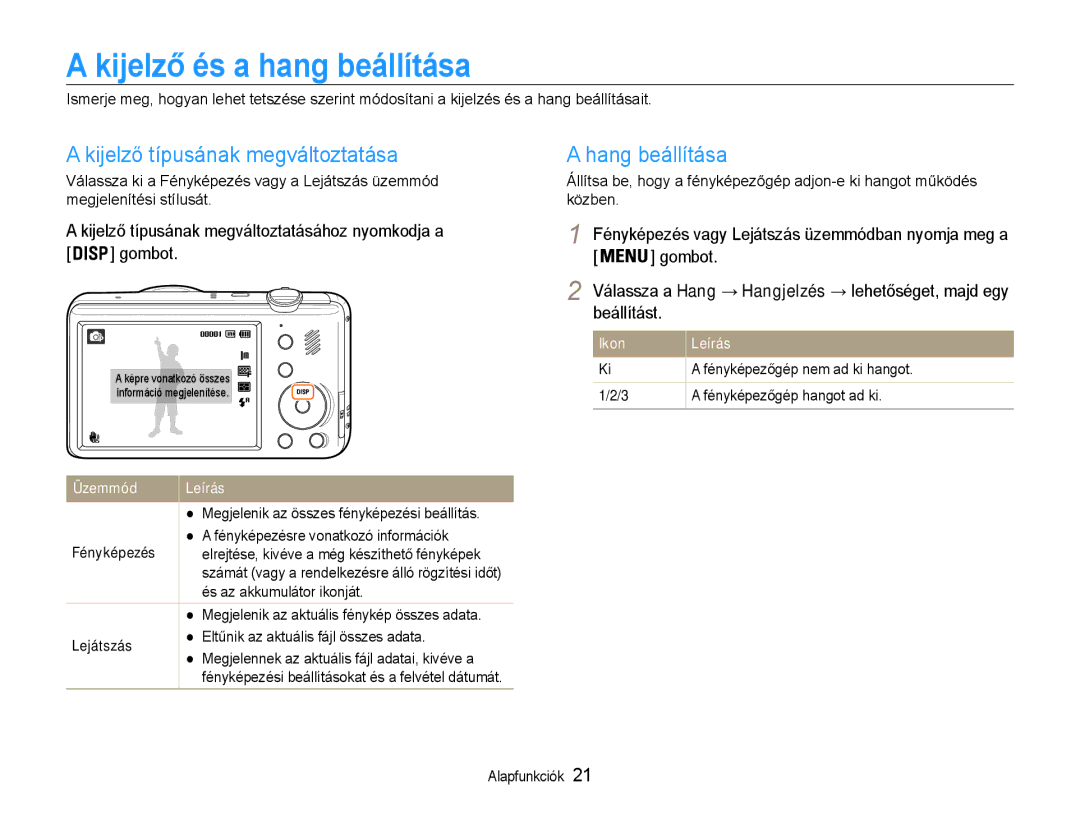 Samsung EC-PL210ZBPSE3, EC-PL210ZBPBE1 Kijelző és a hang beállítása, Kijelző típusának megváltoztatása, Hang beállítása 