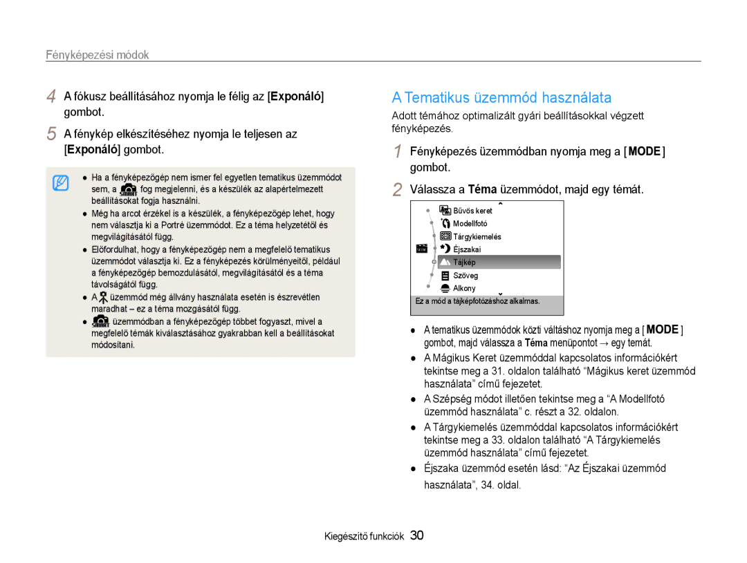 Samsung EC-PL210ZBPSE3 Tematikus üzemmód használata, Fényképezési módok, Fókusz beállításához nyomja le félig az Exponáló 