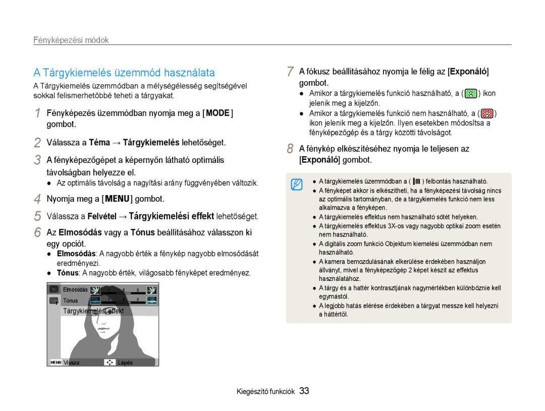 Samsung EC-PL211ZBPBE2, EC-PL210ZBPBE1, EC-PL210ZBPSE1, EC-PL21ZZBPBE2 manual Tárgykiemelés üzemmód használata, Nyomja meg a 