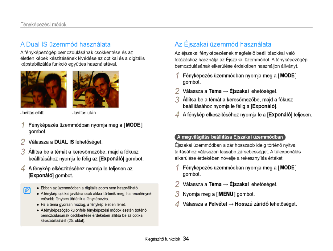 Samsung EC-PL210ZBPBE2, EC-PL210ZBPBE1, EC-PL210ZBPSE1 manual Dual is üzemmód használata Az Éjszakai üzemmód használata 