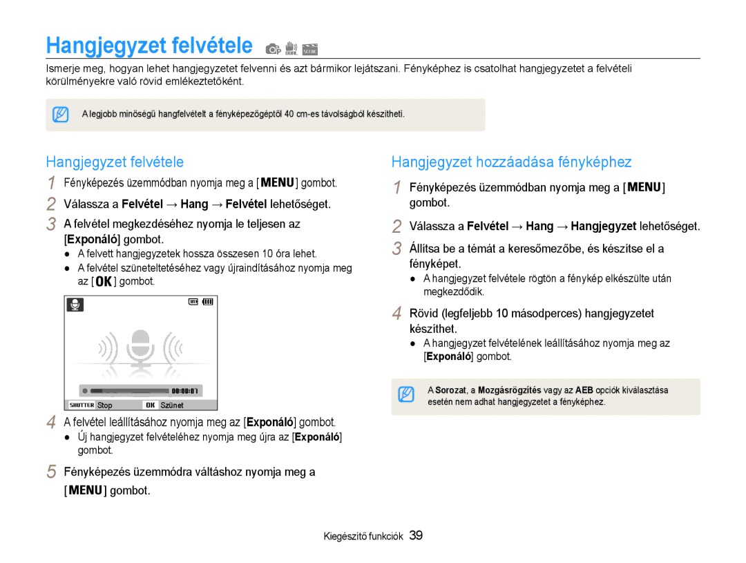 Samsung EC-PL210ZBPSE3, EC-PL210ZBPBE1, EC-PL210ZBPSE1 manual Hangjegyzet felvétele, Hangjegyzet hozzáadása fényképhez 