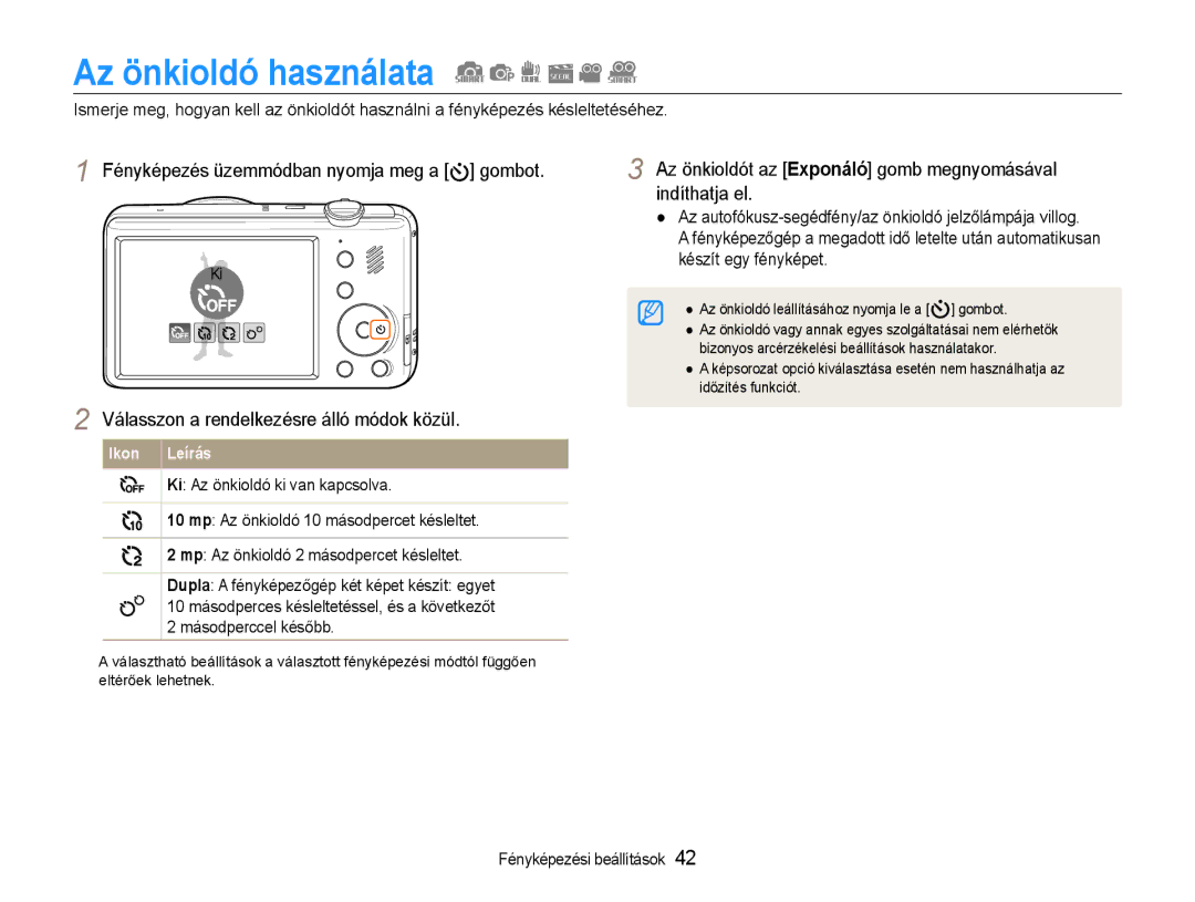 Samsung EC-PL211ZBPBE2, EC-PL210ZBPBE1 Az önkioldó használata, Az önkioldót az Exponáló gomb megnyomásával indíthatja el 