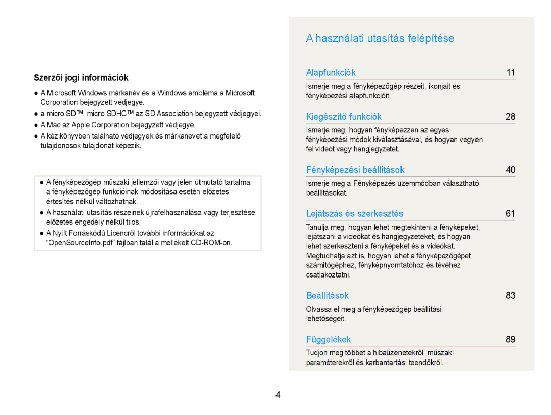 Samsung EC-PL21ZZBPPE2, EC-PL210ZBPBE1, EC-PL210ZBPSE1 manual Használati utasítás felépítése, Szerzői jogi információk 