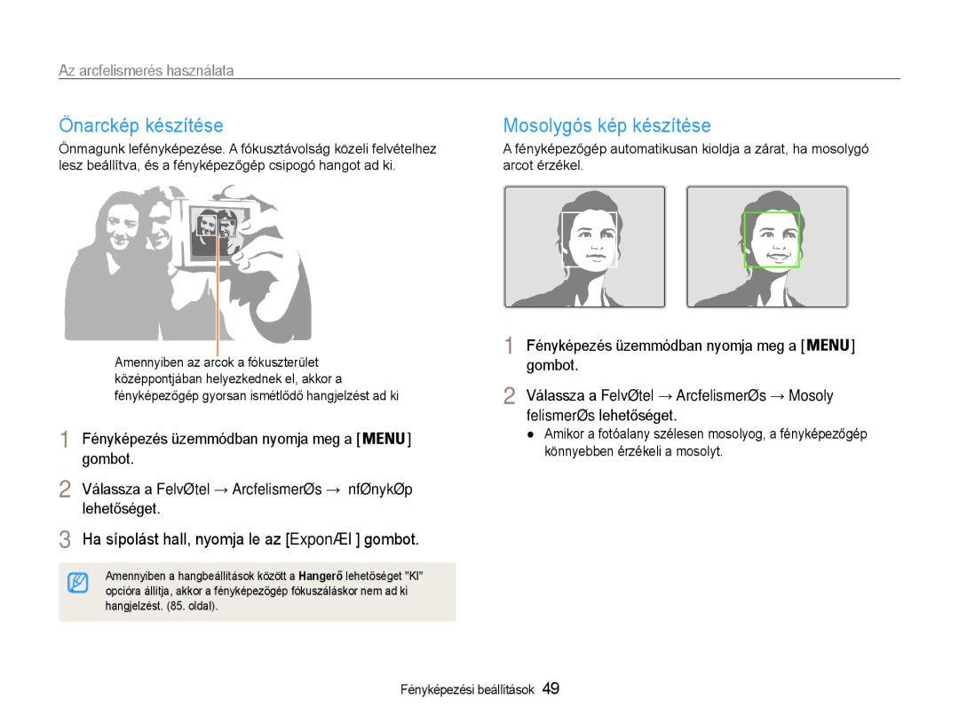 Samsung EC-PL21ZZBPPE2, EC-PL210ZBPBE1 manual Önarckép készítése, Mosolygós kép készítése, Az arcfelismerés használata 