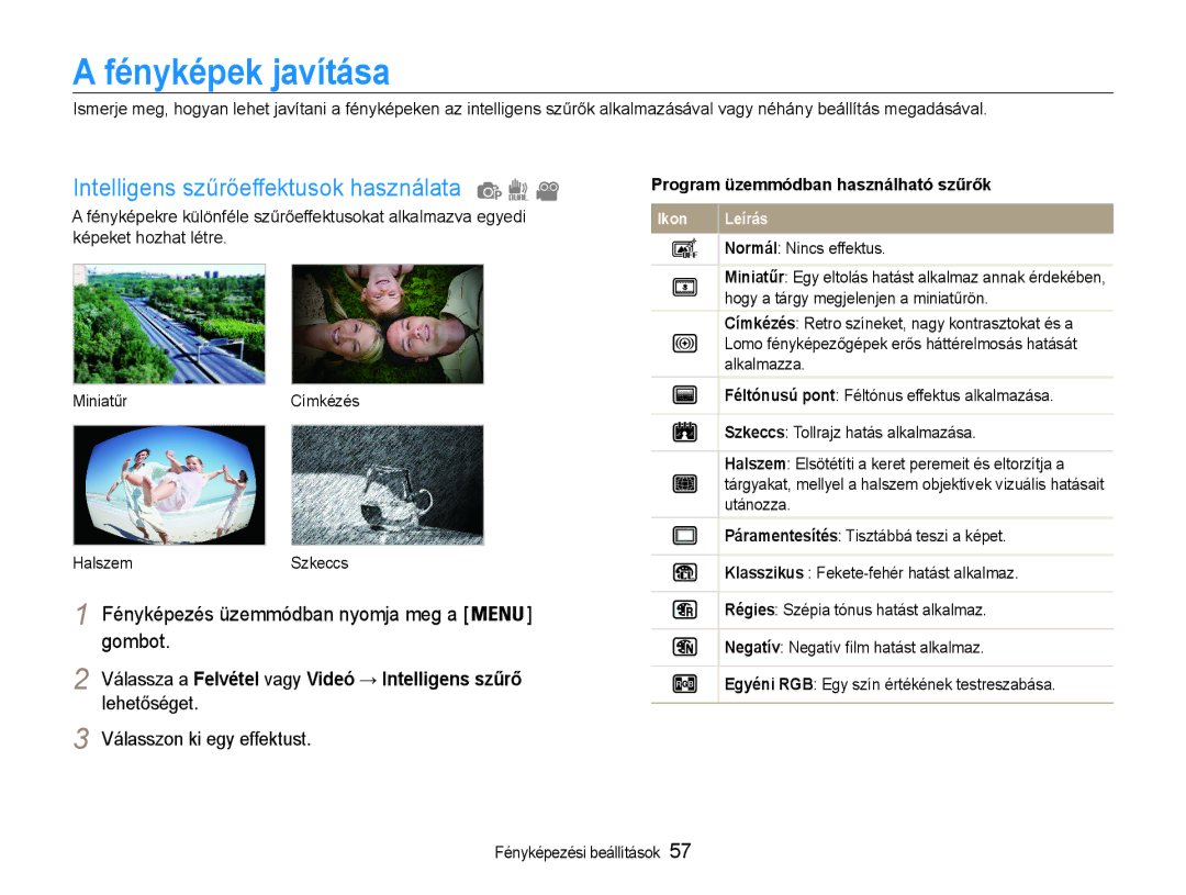 Samsung EC-PL210ZBPSE3 manual Fényképek javítása, Intelligens szűrőeffektusok használata, Válasszon ki egy effektust 