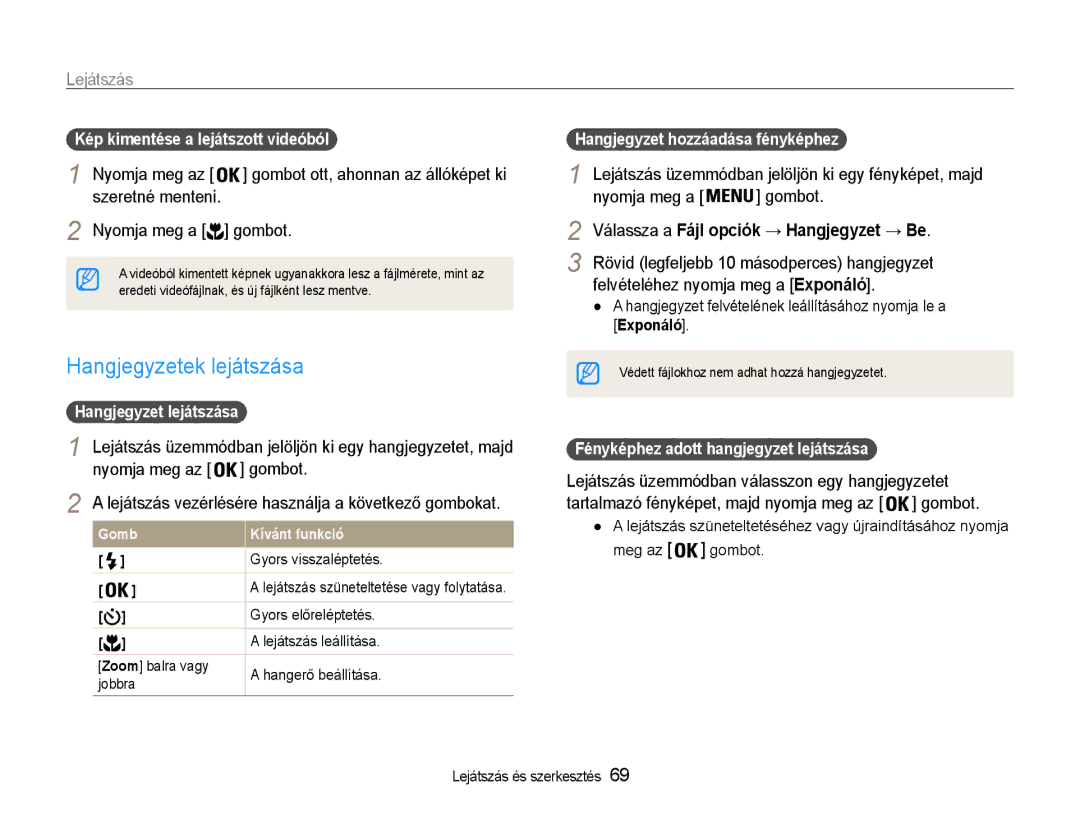 Samsung EC-PL211ZBPBE2 manual Hangjegyzetek lejátszása, Válassza a Fájl opciók → Hangjegyzet → Be, Hangjegyzet lejátszása 