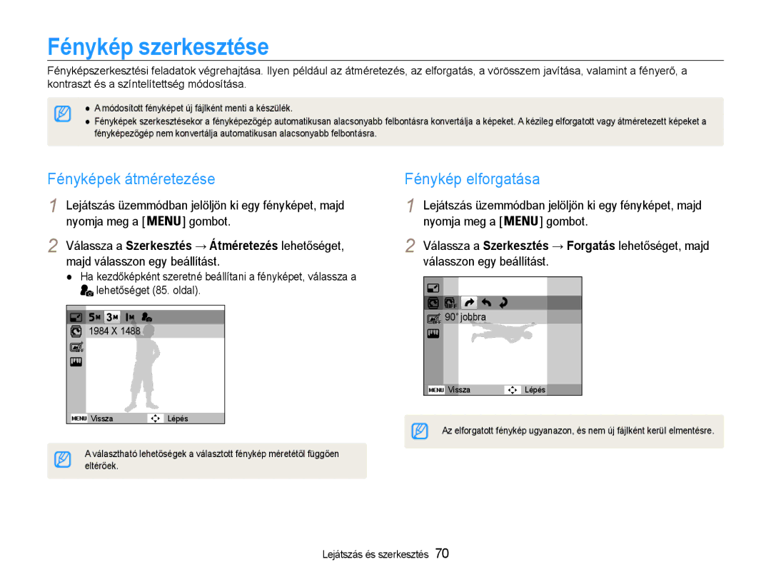 Samsung EC-PL210ZBPBE2, EC-PL210ZBPBE1, EC-PL210ZBPSE1 Fénykép szerkesztése, Fényképek átméretezése, Fénykép elforgatása 