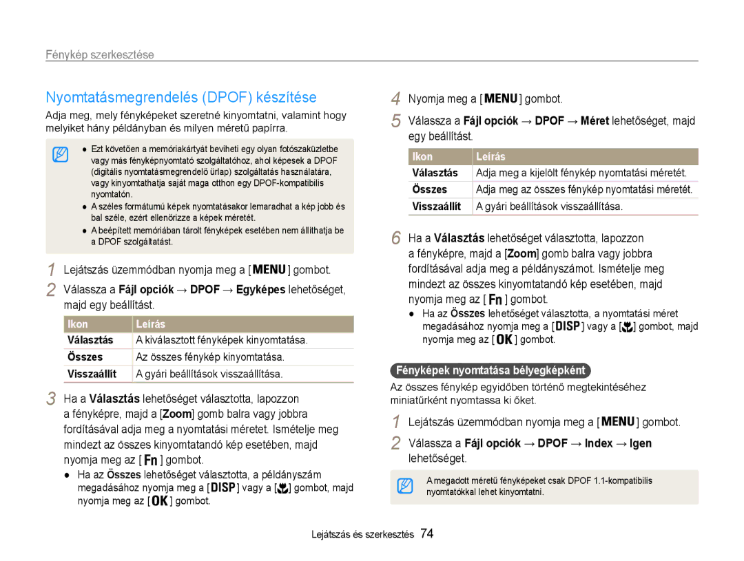 Samsung EC-PL210ZBPBE3 manual Nyomtatásmegrendelés Dpof készítése, Ha a Választás lehetőséget választotta, lapozzon 