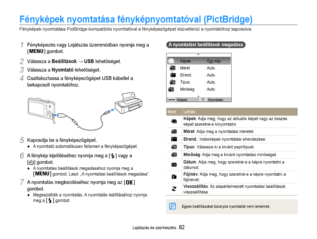 Samsung EC-PL21ZZBPBE2 Fényképek nyomtatása fényképnyomtatóval PictBridge, Nyomtatás megkezdéséhez nyomja meg az gombot 