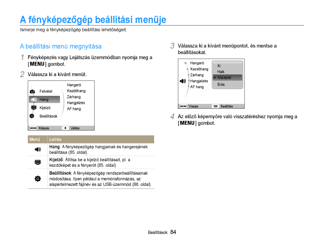 Samsung EC-PL210ZBPSE3, EC-PL210ZBPBE1, EC-PL210ZBPSE1 manual Fényképezőgép beállítási menüje, Beállítási menü megnyitása 