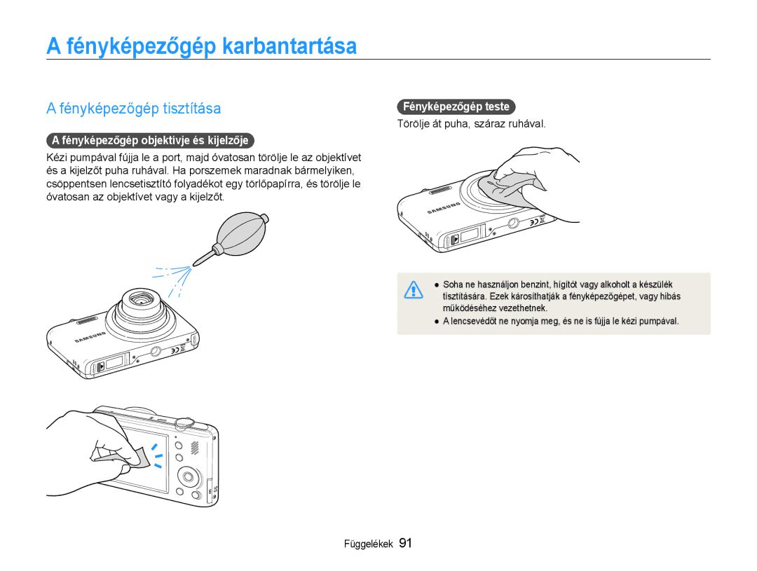 Samsung EC-PL21ZZBPBE2 manual Fényképezőgép karbantartása, Fényképezőgép tisztítása, Fényképezőgép objektívje és kijelzője 