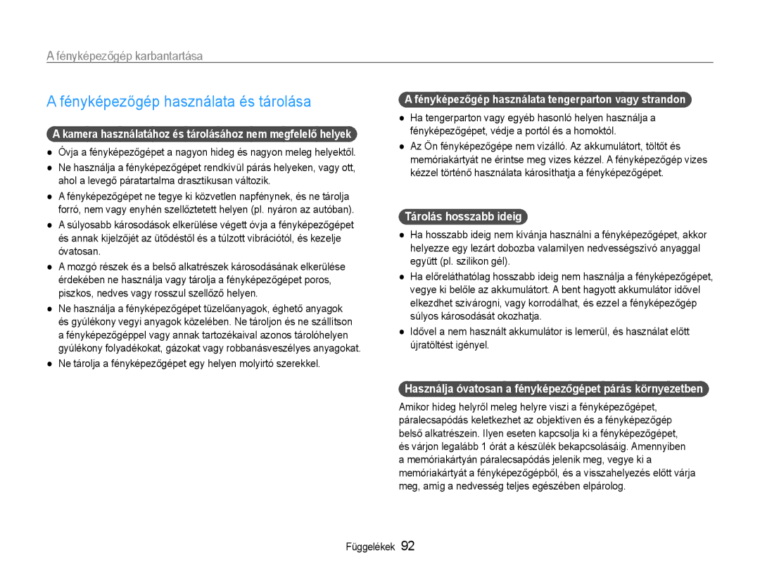 Samsung EC-PL210ZBPBE3, EC-PL210ZBPBE1, EC-PL210ZBPSE1 Fényképezőgép használata és tárolása, Fényképezőgép karbantartása 