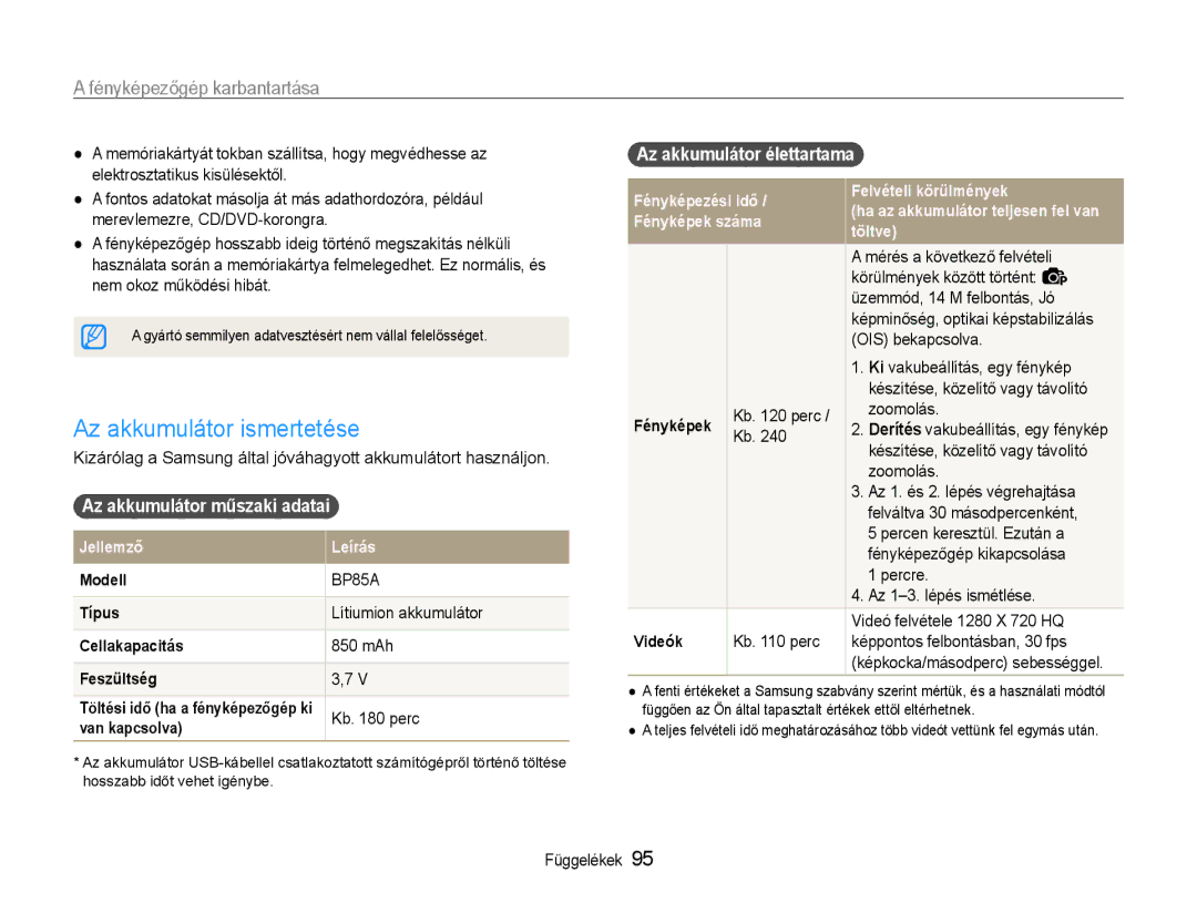 Samsung EC-PL210ZBPPE2 manual Az akkumulátor ismertetése, Az akkumulátor műszaki adatai, Az akkumulátor élettartama 