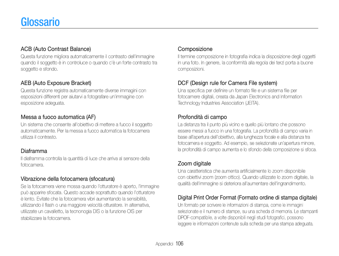 Samsung EC-PL21ZZBPPE1, EC-PL210ZBPBE1, EC-PL210ZDPSME, EC-PL21ZZBPBE3, EC-PL210ZDPBME, EC-PL21ZZBPSE3 manual Glossario 