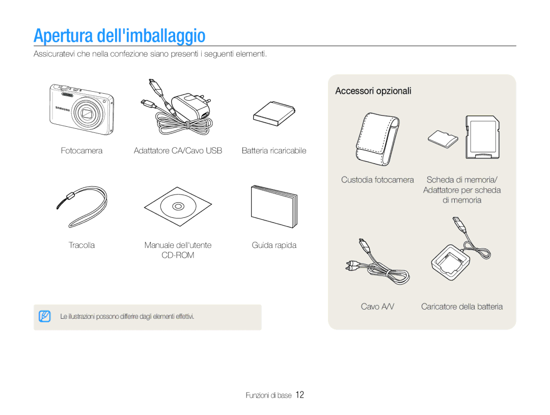 Samsung EC-PL21ZZBPSE3, EC-PL210ZBPBE1, EC-PL210ZDPSME, EC-PL21ZZBPBE3 manual Apertura dellimballaggio, Accessori opzionali 