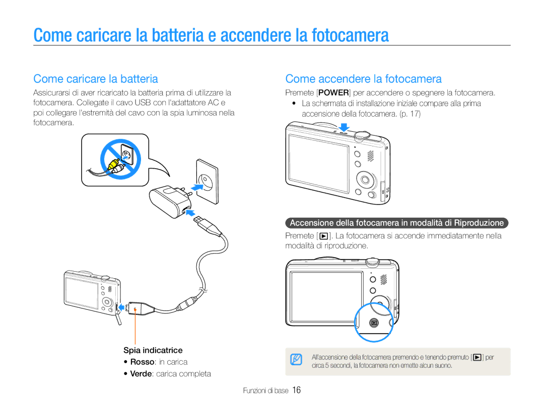 Samsung EC-PL210ZDPSME, EC-PL210ZBPBE1 Come caricare la batteria e accendere la fotocamera, Come accendere la fotocamera 