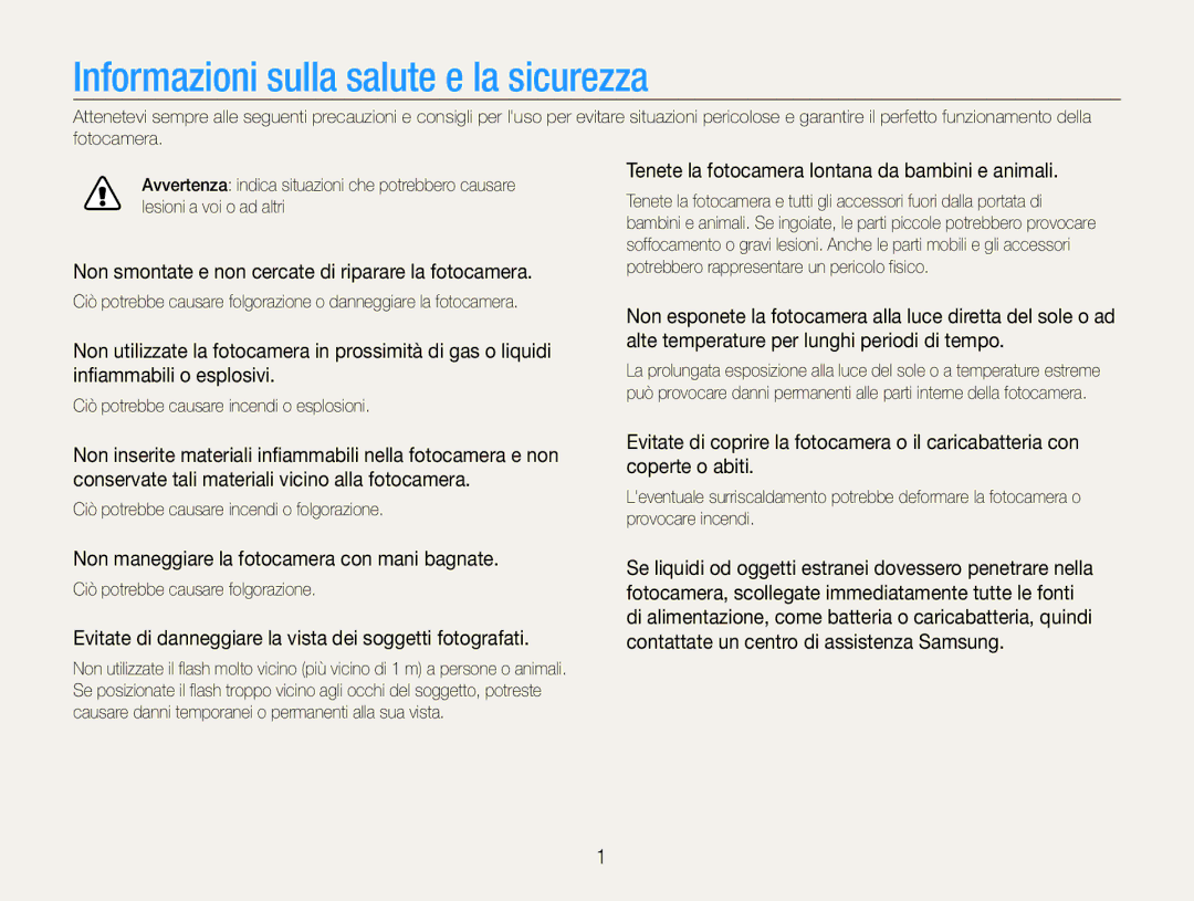 Samsung EC-PL21ZZBPBE3 Informazioni sulla salute e la sicurezza, Non smontate e non cercate di riparare la fotocamera 