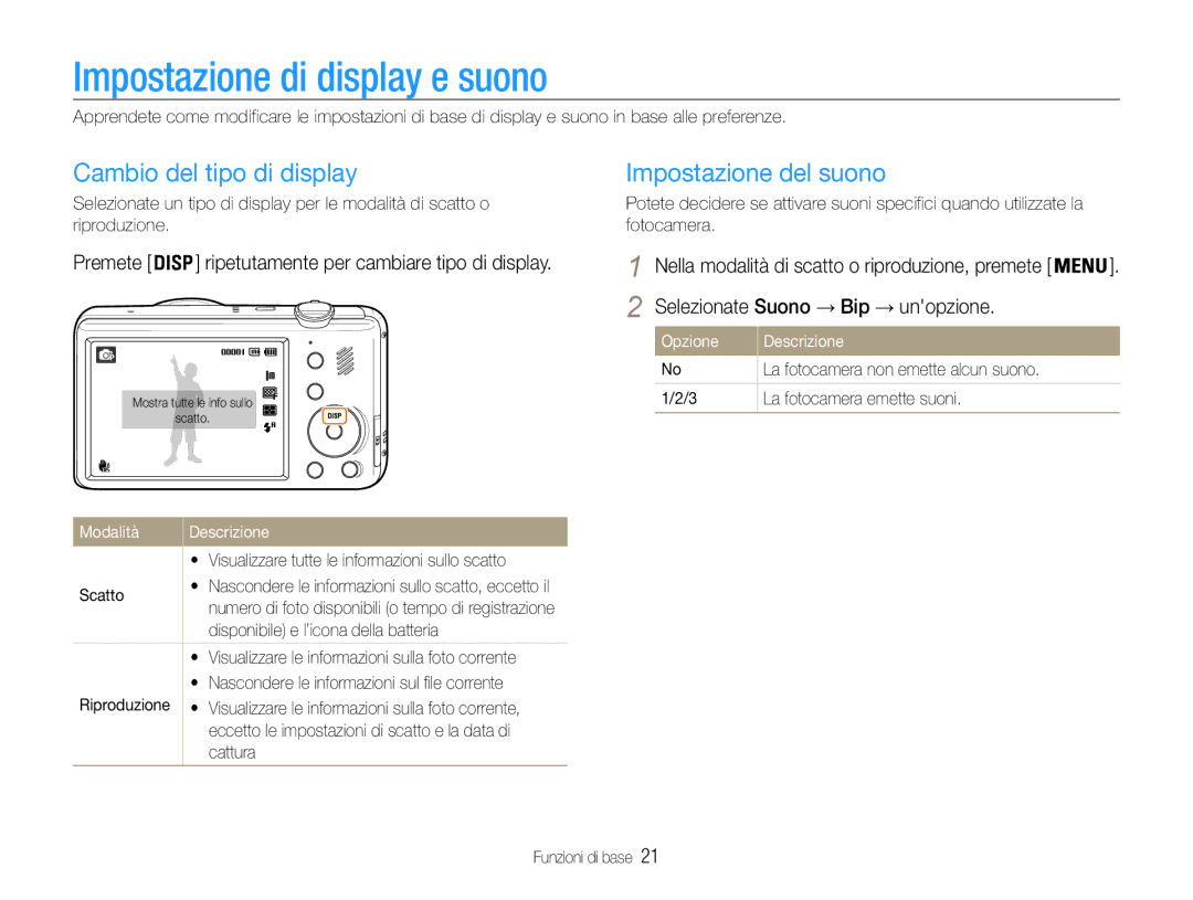 Samsung EC-PL210ZCPSCN, EC-PL210ZBPBE1 Impostazione di display e suono, Cambio del tipo di display, Impostazione del suono 