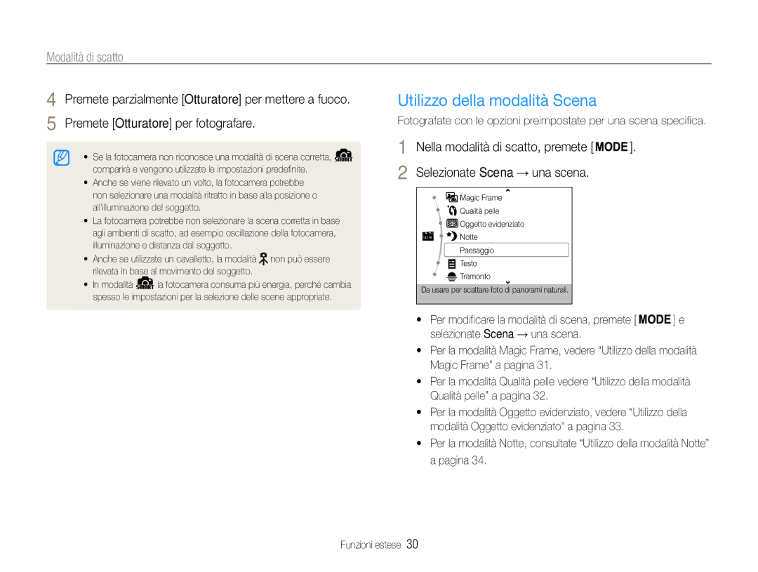 Samsung EC-PL210ZBPSE1, EC-PL210ZBPBE1, EC-PL210ZDPSME, EC-PL21ZZBPBE3 Utilizzo della modalità Scena, Modalità di scatto 
