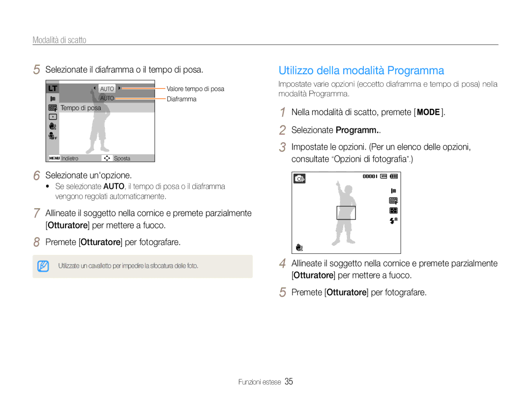 Samsung EC-PL210ZDPBME, EC-PL210ZBPBE1 manual Utilizzo della modalità Programma, Selezionate il diaframma o il tempo di posa 