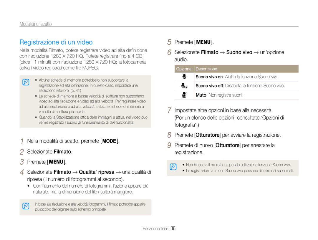 Samsung EC-PL21ZZBPSE3, EC-PL210ZBPBE1 manual Registrazione di un video, Ripresa il numero di fotogrammi al secondo, Audio 