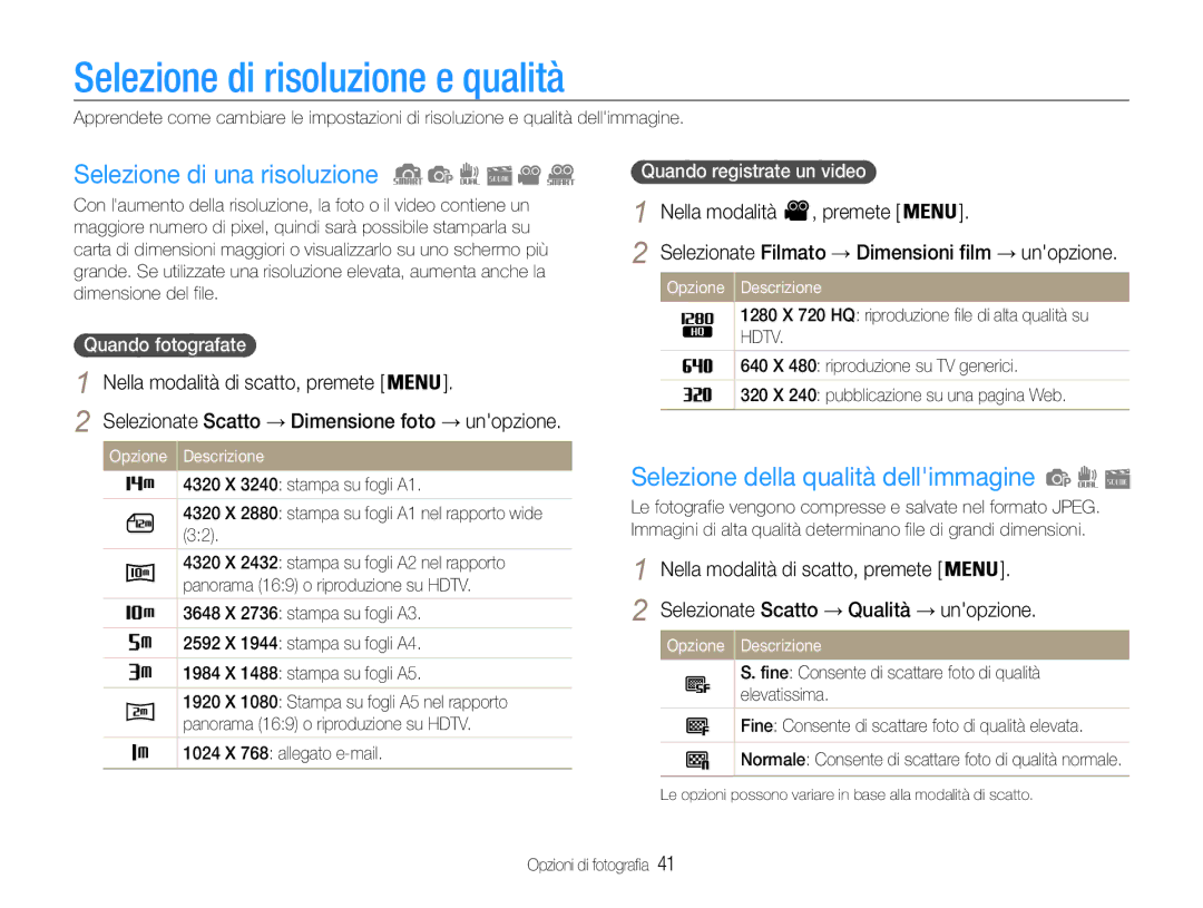 Samsung EC-PL21ZZBPBE3 manual Selezione di risoluzione e qualità, Selezione di una risoluzione, Nella modalità Premete 