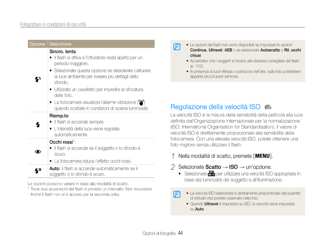 Samsung EC-PL21ZZBPSE3, EC-PL210ZBPBE1 manual Regolazione della velocità ISO, Fotografare in condizioni di oscurità 