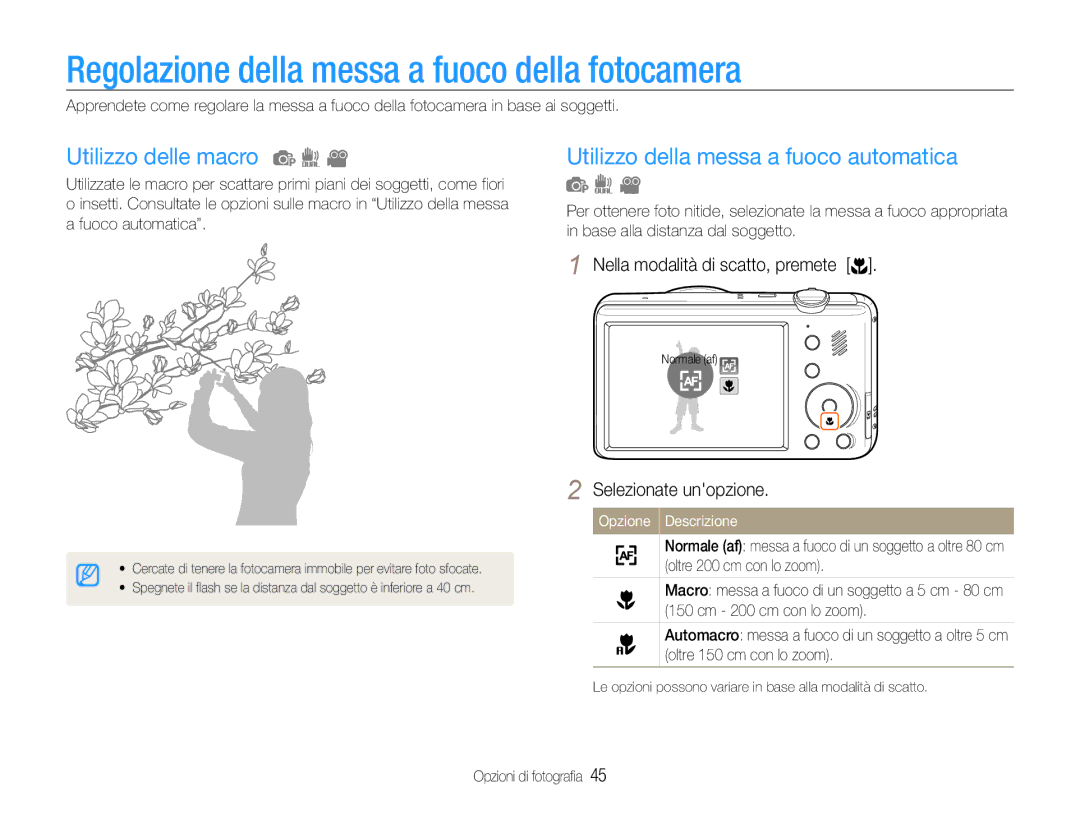 Samsung EC-PL210ZCPSCN, EC-PL210ZBPBE1 manual Regolazione della messa a fuoco della fotocamera, Utilizzo delle macro 
