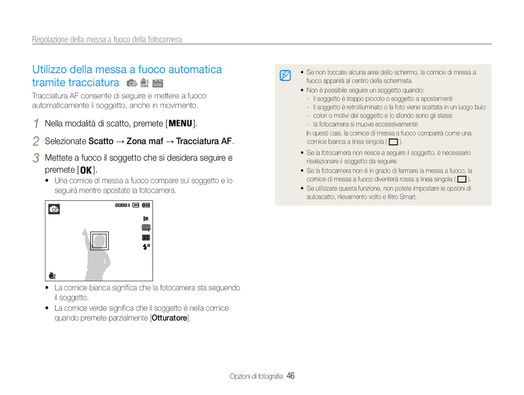 Samsung EC-PL210ZBPSE1, EC-PL210ZBPBE1, EC-PL210ZDPSME manual Utilizzo della messa a fuoco automatica tramite tracciatura 