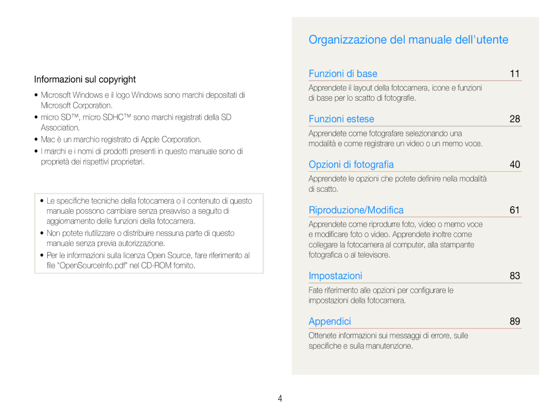 Samsung EC-PL21ZZBPSE3, EC-PL210ZBPBE1, EC-PL210ZDPSME Organizzazione del manuale dellutente, Informazioni sul copyright 