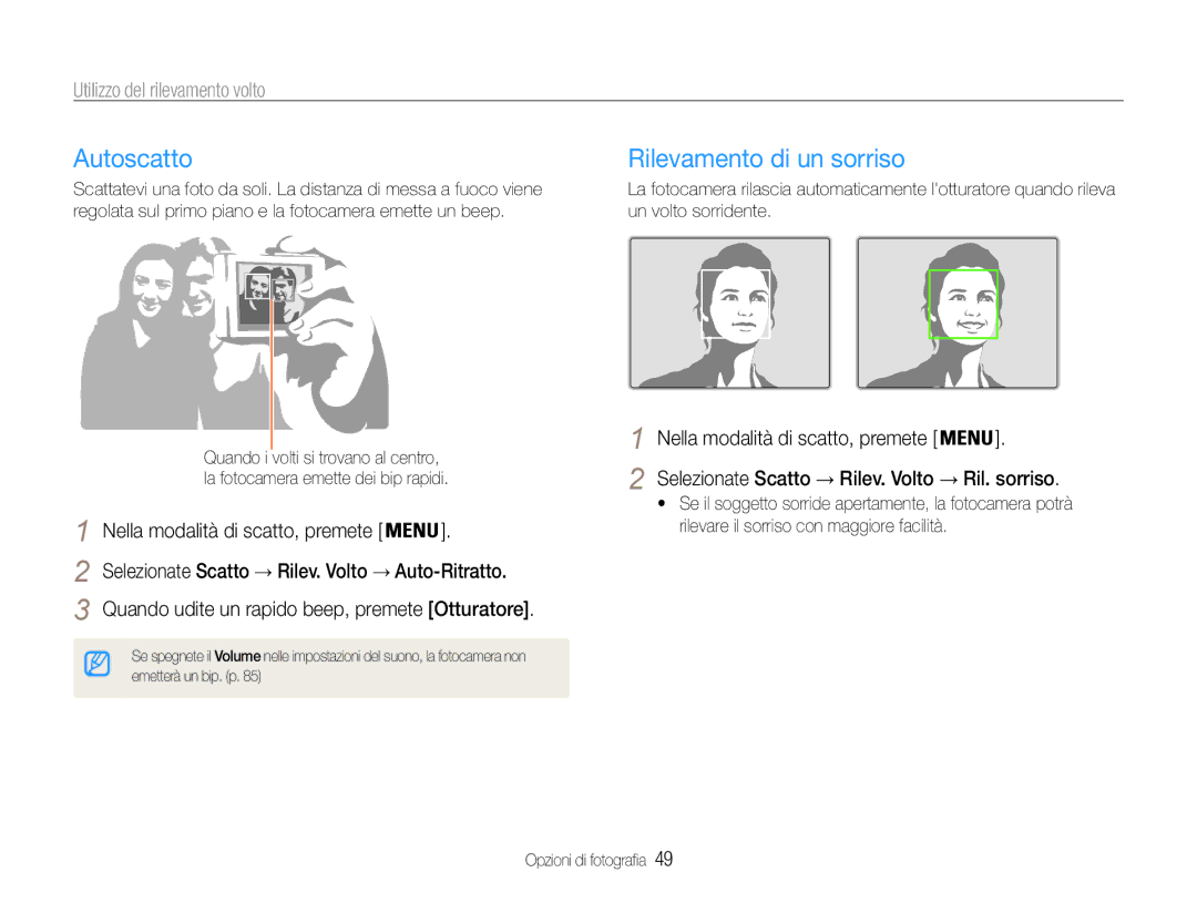 Samsung EC-PL21ZZBPBE3, EC-PL210ZBPBE1 manual Autoscatto, Rilevamento di un sorriso, Utilizzo del rilevamento volto 