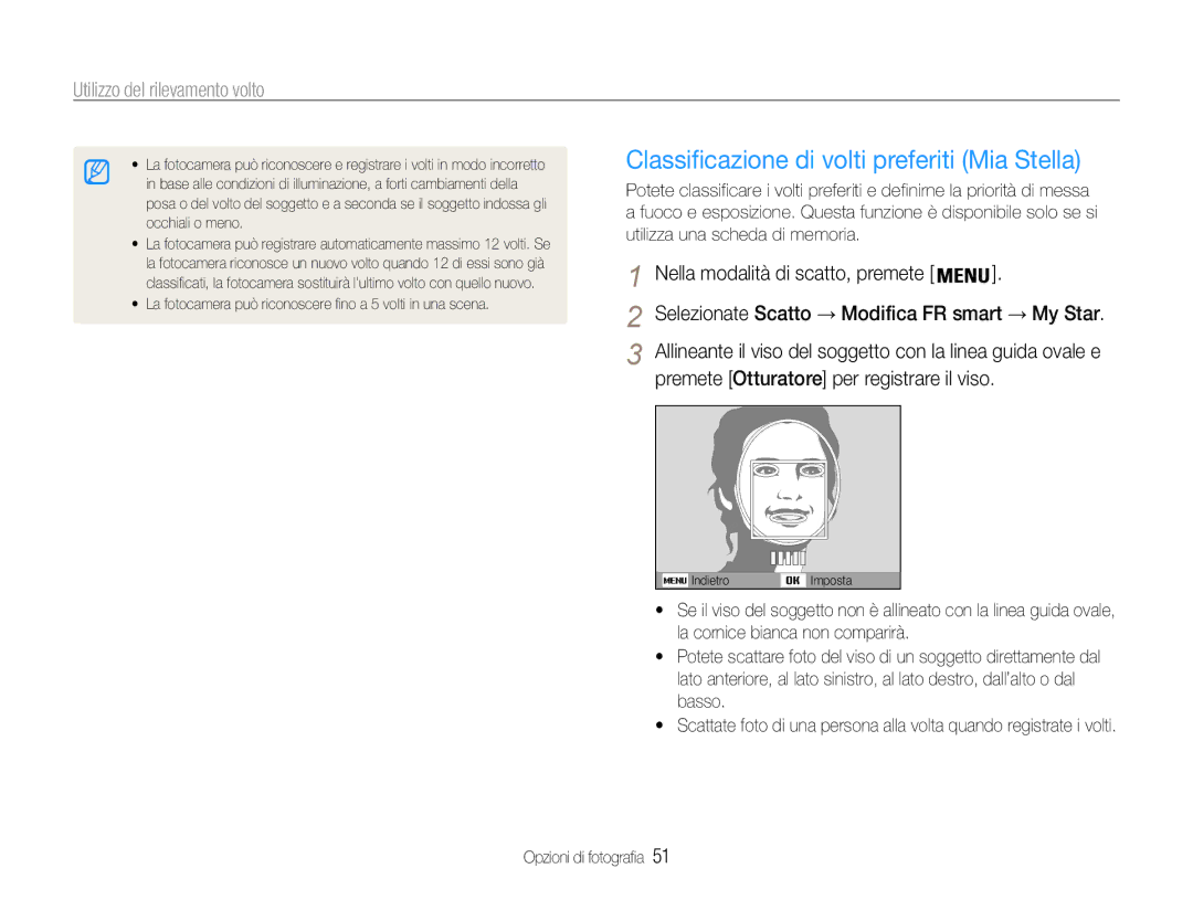 Samsung EC-PL210ZDPBME manual Classificazione di volti preferiti Mia Stella, Premete Otturatore per registrare il viso 