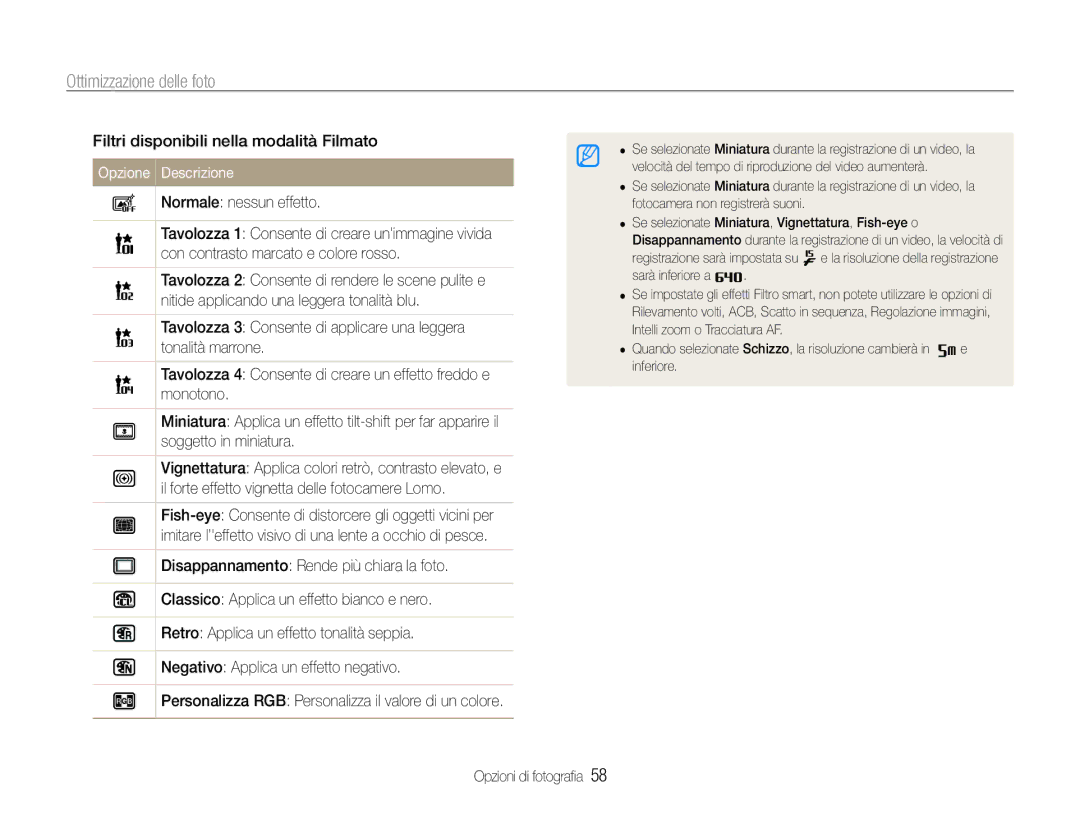 Samsung EC-PL21ZZBPPE1, EC-PL210ZBPBE1, EC-PL210ZDPSME Ottimizzazione delle foto, Filtri disponibili nella modalità Filmato 