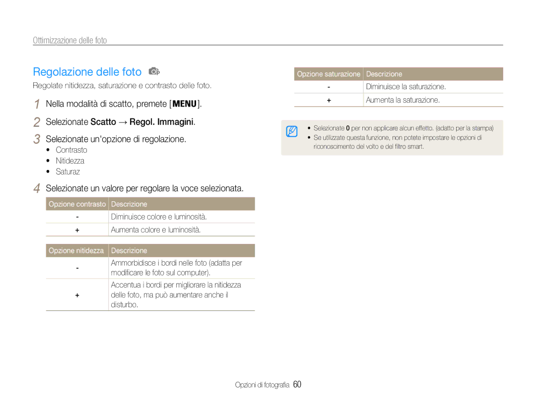 Samsung EC-PL21ZZBPSE3, EC-PL210ZBPBE1 manual Regolazione delle foto, Selezionate un valore per regolare la voce selezionata 