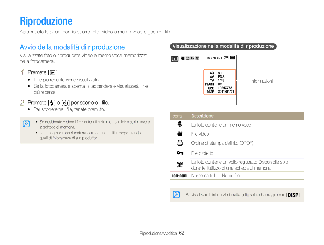 Samsung EC-PL210ZBPSE1, EC-PL210ZBPBE1 Riproduzione, Avvio della modalità di riproduzione, Premete o per scorrere i file 