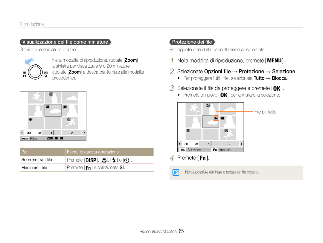 Samsung EC-PL21ZZBPBE3 manual Visualizzazione dei file come miniature, Protezione dei file, Per Eseguite questa operazione 