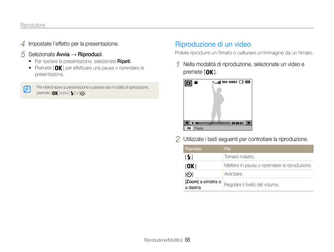 Samsung EC-PL21ZZBPSE3 Riproduzione di un video, Utilizzate i tasti seguenti per controllare la riproduzione, Premete Per 