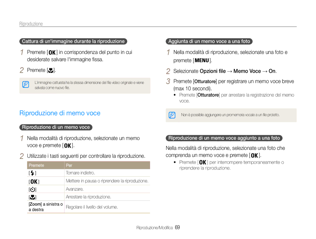 Samsung EC-PL210ZCPSCN, EC-PL210ZBPBE1 manual Riproduzione di memo voce, Desiderate salvare limmagine fissa, Max 10 secondi 