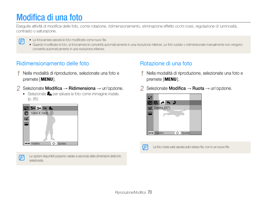 Samsung EC-PL210ZBPSE1, EC-PL210ZBPBE1 manual Modifica di una foto, Ridimensionamento delle foto, Rotazione di una foto 