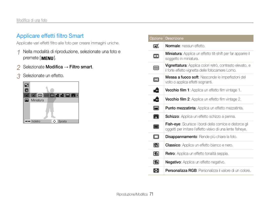 Samsung EC-PL210ZBPBE1, EC-PL210ZDPSME, EC-PL21ZZBPBE3, EC-PL21ZZBPPE1 Applicare effetti filtro Smart, Modifica di una foto 