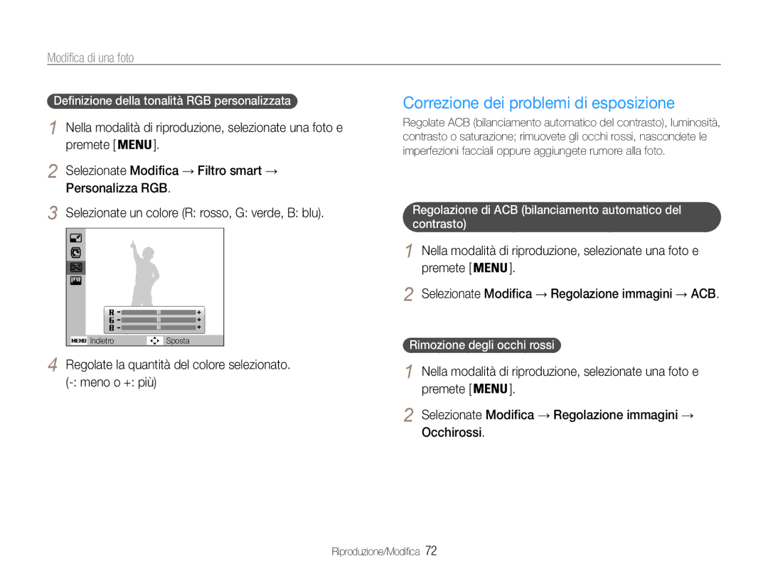 Samsung EC-PL210ZDPSME Correzione dei problemi di esposizione, Regolate la quantità del colore selezionato. meno o + più 