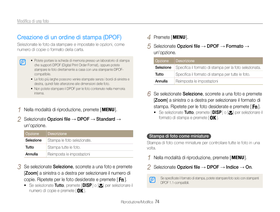 Samsung EC-PL21ZZBPPE1 Creazione di un ordine di stampa Dpof, Selezionate Opzioni file → Dpof → Standard →, Unopzione 