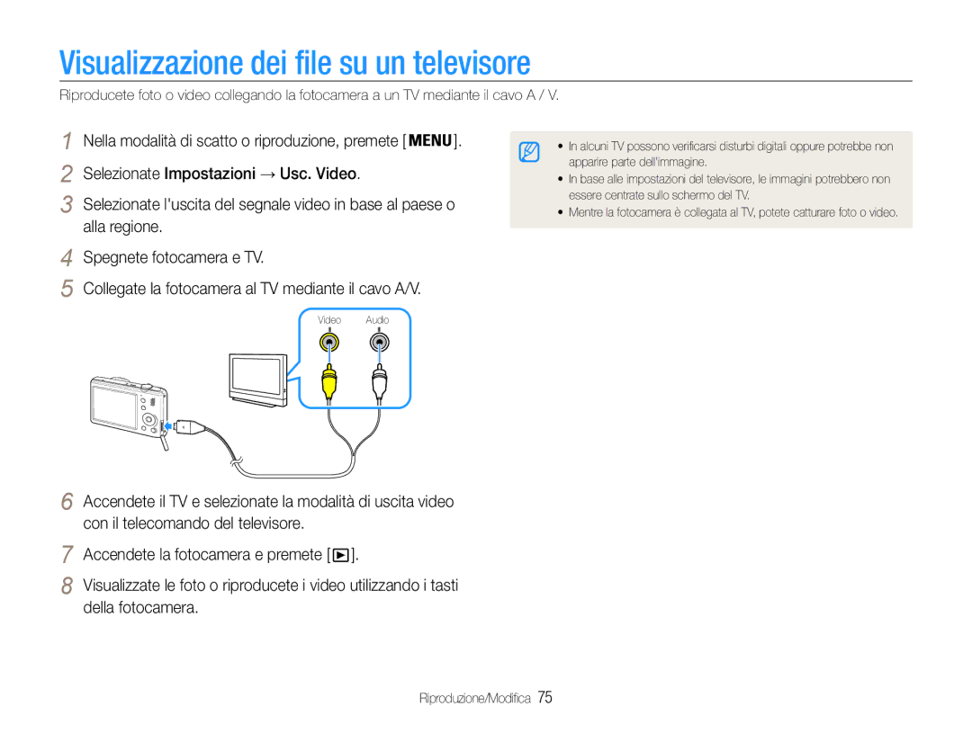 Samsung EC-PL210ZDPBME, EC-PL210ZBPBE1, EC-PL210ZDPSME manual Visualizzazione dei file su un televisore, Della fotocamera 