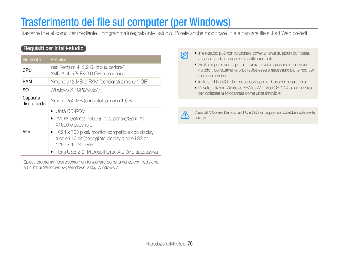 Samsung EC-PL21ZZBPSE3 Trasferimento dei file sul computer per Windows, Requisiti per Intelli-studio, Elemento Requisiti 