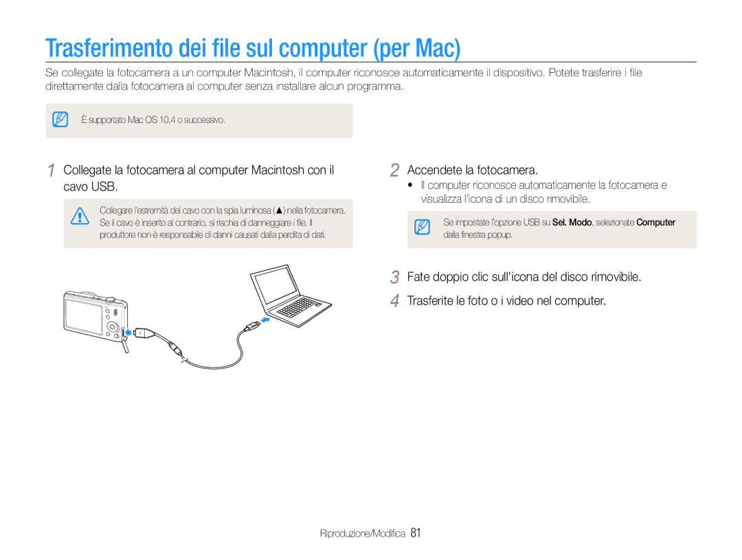 Samsung EC-PL21ZZBPBE3, EC-PL210ZBPBE1, EC-PL210ZDPSME, EC-PL21ZZBPPE1 manual Trasferimento dei file sul computer per Mac 