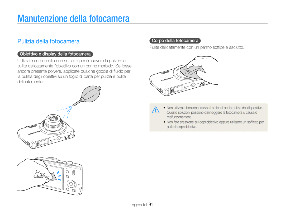 Samsung EC-PL210ZDPBME manual Manutenzione della fotocamera, Pulizia della fotocamera, Obiettivo e display della fotocamera 