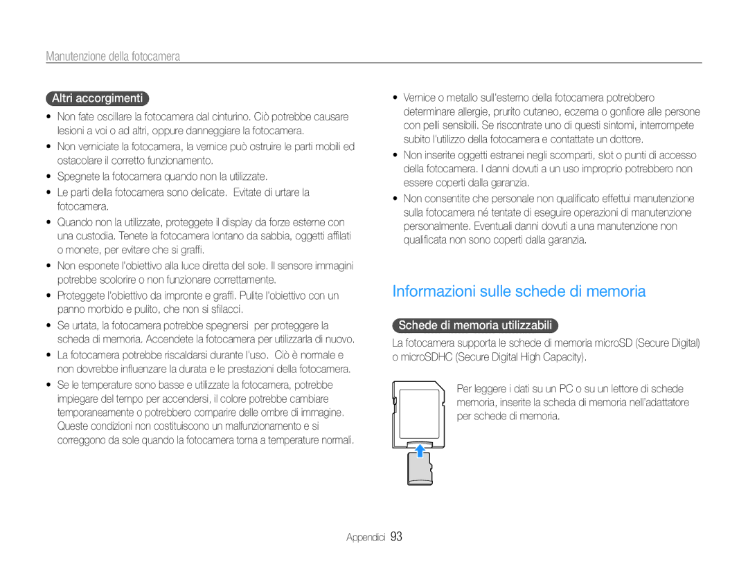 Samsung EC-PL210ZCPSCN manual Informazioni sulle schede di memoria, Altri accorgimenti, Schede di memoria utilizzabili 