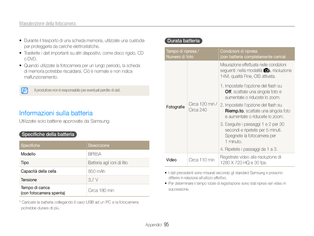 Samsung EC-PL210ZBPBE1 Informazioni sulla batteria, Specifiche della batteria, Durata batteria, Specifiche Descrizione 